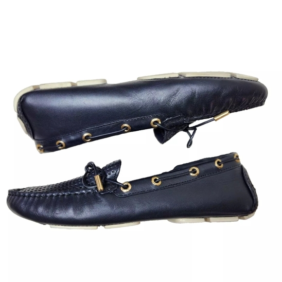 TORY BURCH Perforated Leather Driving Mocs Sz 8 Navy Blue Driver Boat Loafers - Picture 9 of 13